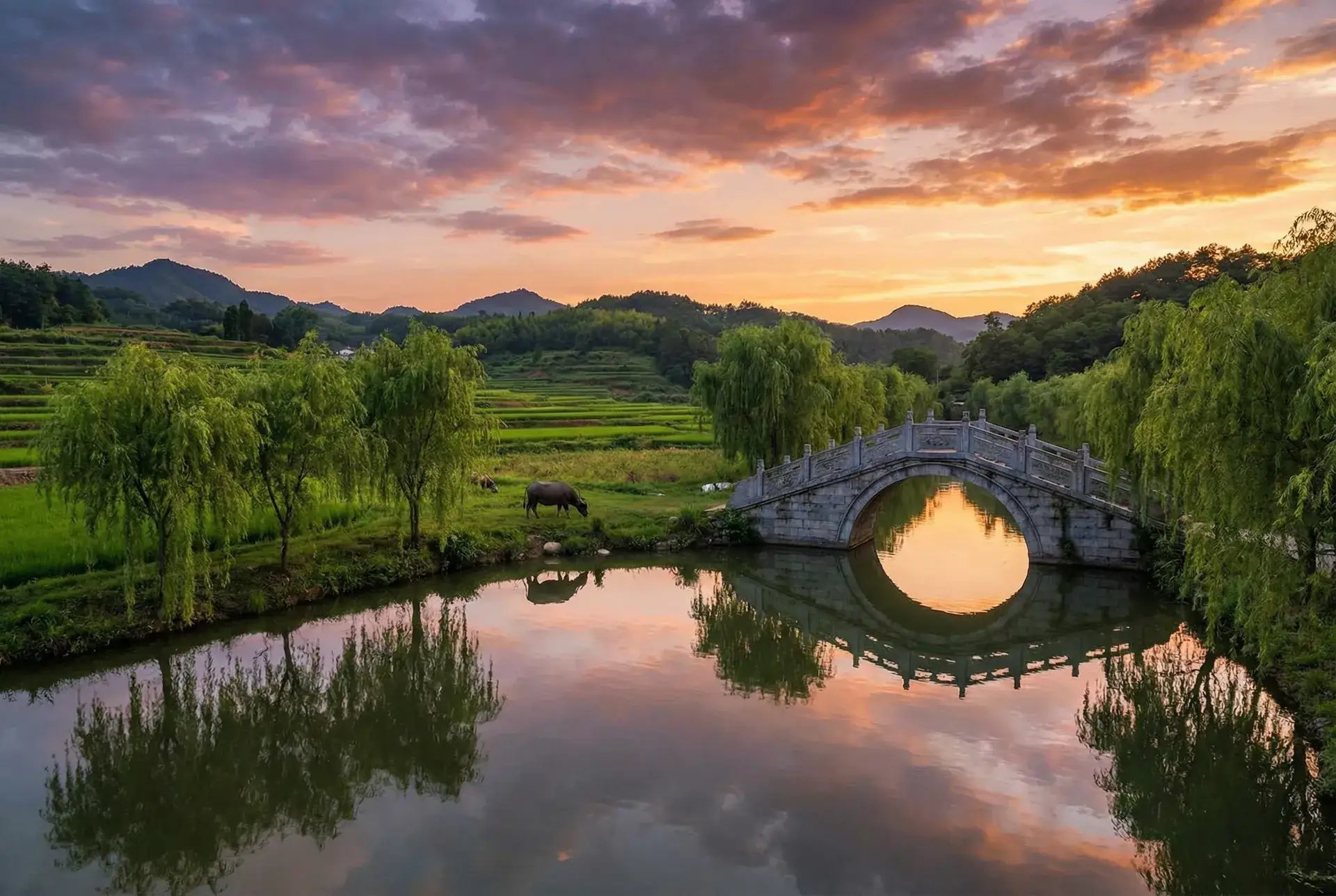 夕阳下的石拱桥与垂柳，水牛在河边吃草 - 笨蛋测试召唤兽1 乡村美景